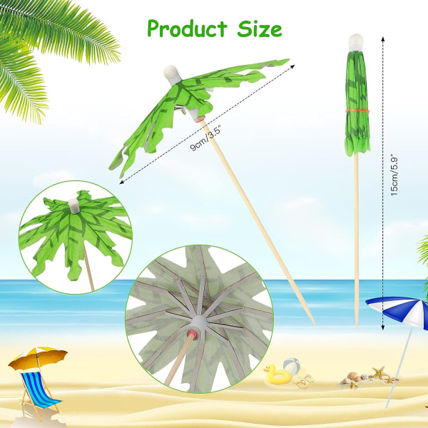 100 Pack Tropical Coconut Green Paper -sateenvarjotikkuja juhliin