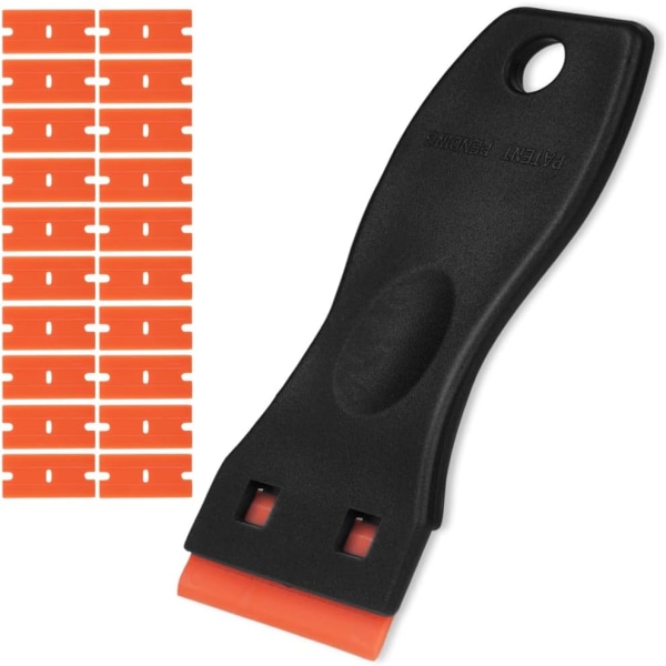 (Black Orange) Glass Scraper with 20 Replacement Blades for Removing Adhesives, Paint, Door Stickers, Window Stickers