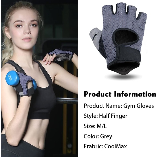 1 par andningsbara gymhandskar (grå M) för träning, gym, gymnastik, tyngdlyftning, fitness, pull up-stång, unisex