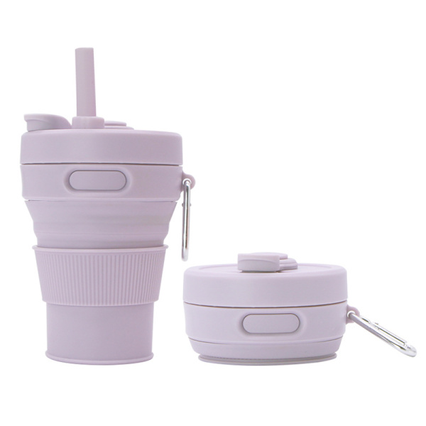 Camping Kop med Sugerør Silikone Foldbar Kaffe Kop Sport Flaske Bærbar Rejse Udendørs Bil 450ml 16oz（Lilla）