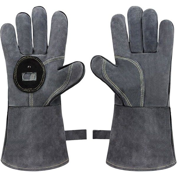 Gray - 1 Pair Oven Mitts and Gloves, Heat Resistant Grill Gloves Cowhide Leather Soldering Oven Gloves Protective Gloves with Bottle Opener Function