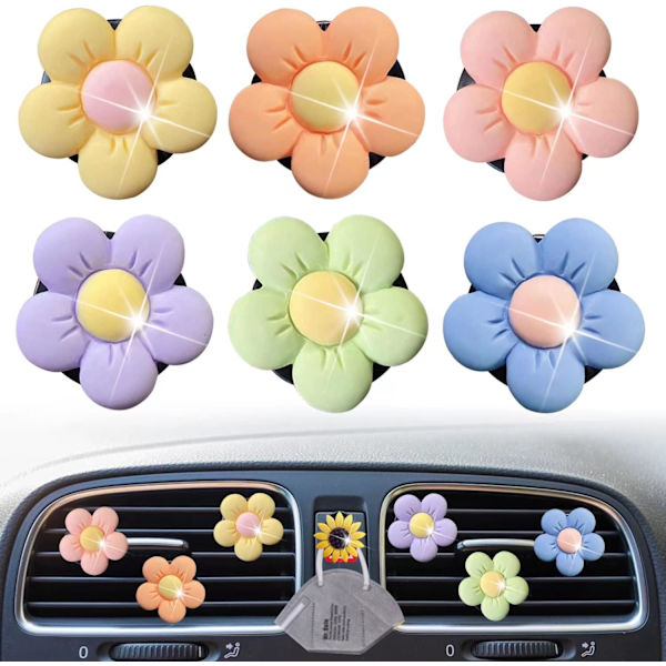Söpöt Daisy-ilmastointiaukkojen pidikkeet, 6 kpl Kukka-autonraikastimet Ilmastointiaukkojen pidikkeet Auton diffuusori Ilmastointiaukkojen pidike Charmin Auton sisustus Naisille Söpö Auton sisustus