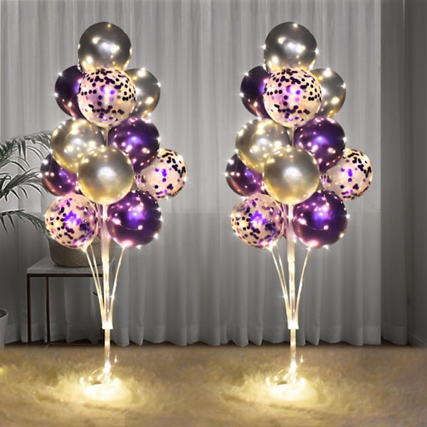 Sæt med 2 lyseblå ballonholdere med gulv og lyskæde til bordpynt, dekoration til bryllup, babyshower, fødselsdagsfest og polterabend