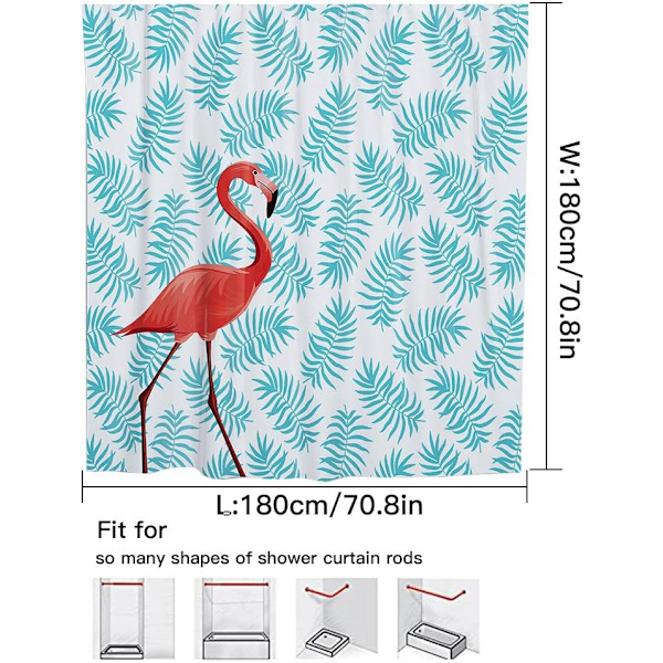 Hurtig og holdbar polyester kaktus blad flamingo mønster bruseforhæng med 12 kroge 180x180 cm flamingo og blad