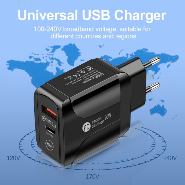 PD20W nopea latauslaturi 5V3A eurooppalainen latauspää type-c QC3.0 nopea lataussovitin