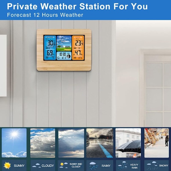 Trådlös väderstation med digital färgprognos, varning och temperatur/fuktighet/barometer/alarm/månfas/väderklocka med utomhus