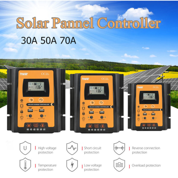 Solcellelader for 12V/24V solcelleanlegg PV batterilader IP32 ladetimer LCD-skjerm solcellepanelregulator med dobbel USB-port