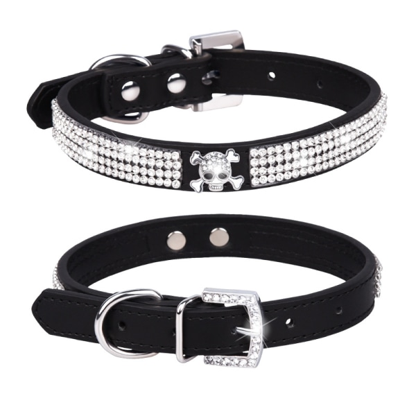 XS-CP376-4 Black-2 pieces Adjustable synthetic leather collar with rhinestones for small dogs and cats