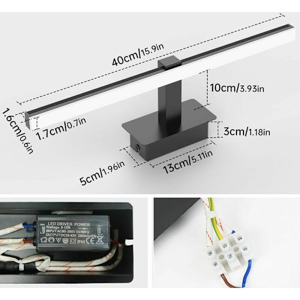 LED-speilbelysning 9W, baderomsspeillampe kald hvit 6000K speilfrontbelysning 40cm baderomsskapbelysning 720LM LED-speilvegglampe svart fo