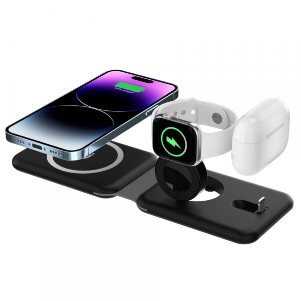 Magnetisk hopfällbar trådlös laddare Tre-i-ett hopfällbar bärbar laddare Lämplig för Apple Phone Watch -hörlurar