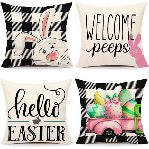 Påske putevar 18x18 sett med 4 påskepynt for vår gårdshus puter påske dekorative pynteputer Buffalo Plaid kanin egg pynteputer