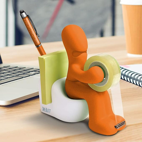 Kontorartikler - Sjov tape dispenser - Sjovt og sejt kontortilbehørsholder med tape rulle, papirclips, sticky notes og pen inkluderet (Orange)