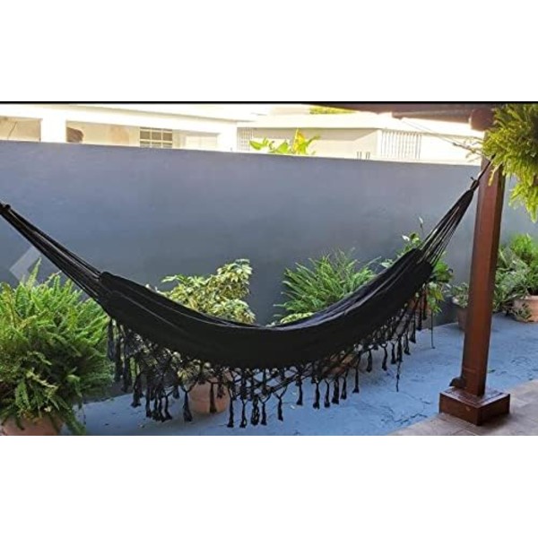 200*150cm svart utendørs hengekøye dobbel bomull brasiliansk hage hengekøye egnet for 2 voksne ideell for uteplass, veranda, reiser, camping, hage