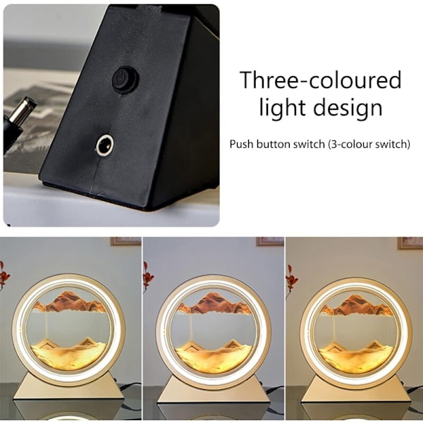 3D Timeglas LED Lampe, 25 cm Kviksand Natlampe Kviksand Bevægende Roterende Kunst Sand Scene Håndværk Bordplade Ornament, 3 Farver Dæmpning USB Bevægende Sa