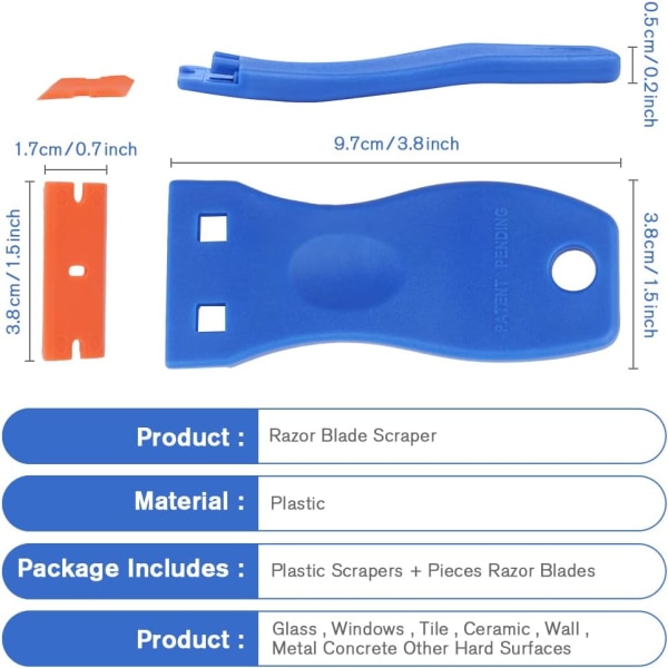 (blå-oransje) glasskrape med 20 reserveblader for fjerning av lim, maling, dørklistremerker, vindusklistremerker