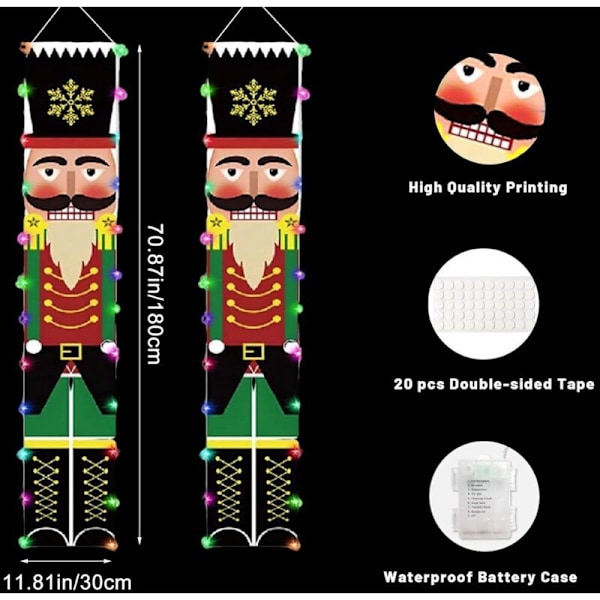 2-pack Jul Nötknäppare Banner (30 x 180 cm), Dörrskylt, Nötknäpparsoldat Dörr med LED-lampor Jul Veranda Banner, för Julhelgsfest