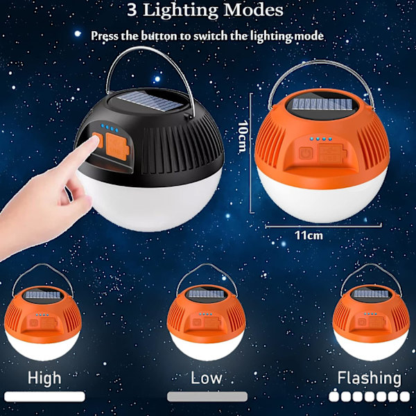Solcellscampinglykta, USB-laddningsbar LED-ficklampa, Vattentåligt nödljus, 3 lägen, Utomhustältlampa för strömavbrott, trädgård, fiske,