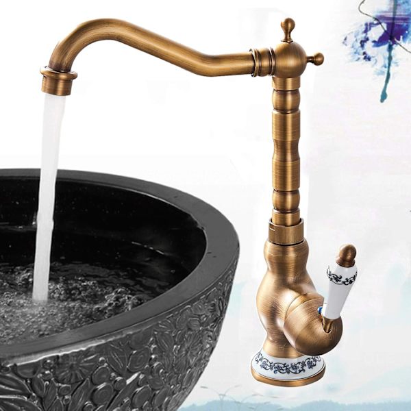 Moderne Køkken- og Badeværelses-Enhåndsgreb-Armatur Antik Kobber Håndtag Bassin Mixer Tap Bassin Armaturer Med Svingbart Udløb Retro Køkkenvask Armatur
