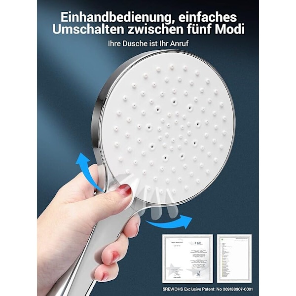 Duschhuvud Economy Deau - Srewohs φ125mm Högt Högt Tryck Flexibelt Tryck Dusch Regndusch med 5 Lägen, Kraftfull Jet Dusch Dusch Badrum, C
