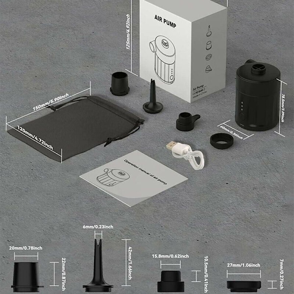 Bærbar luftpumpe for oppblåsbare produkter, elektrisk luftpumpe, oppladbar pumpe, ultra-mini pumpe (svart)