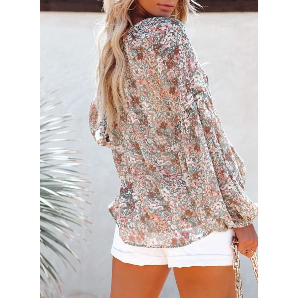 Kvinners Casual Boho Blomstertrykk V-hals Lang Ermet Løs Bluser Skjorter Topper (L)