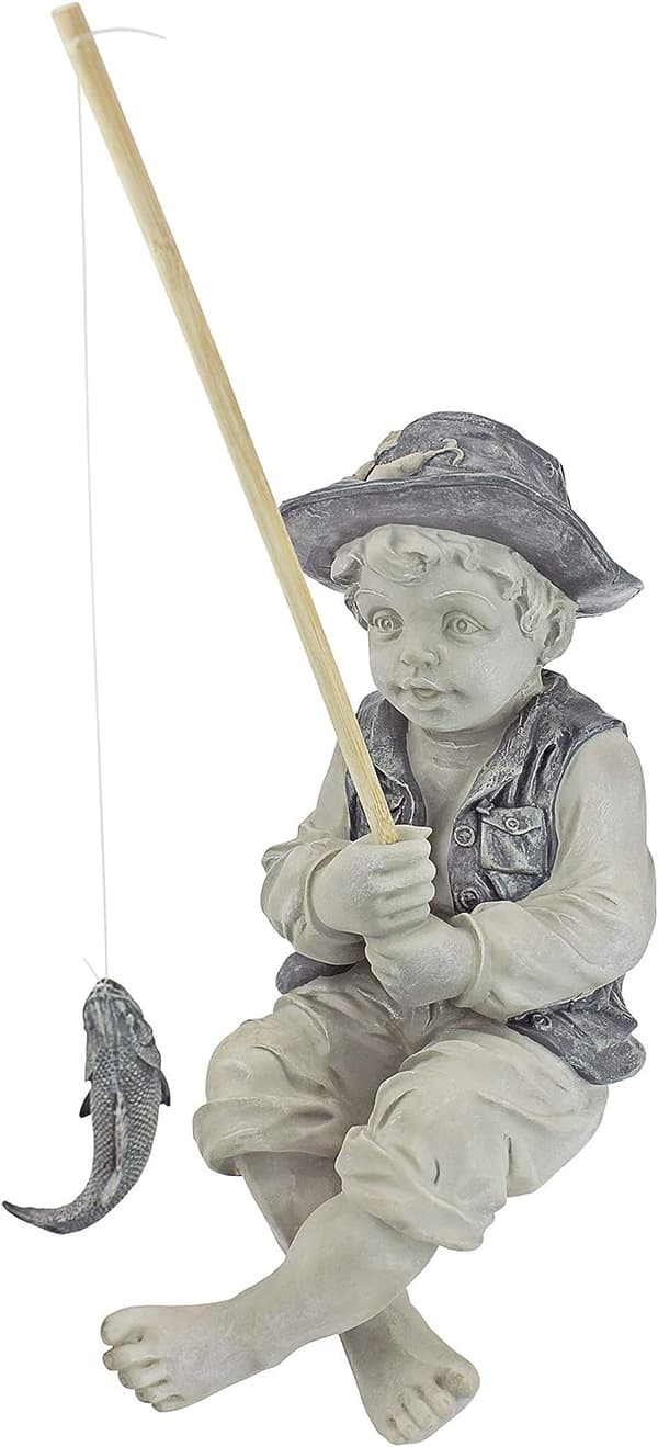 Fiskarstaty för trädgård, 38 cm, polyresin, tvåfärgad sten