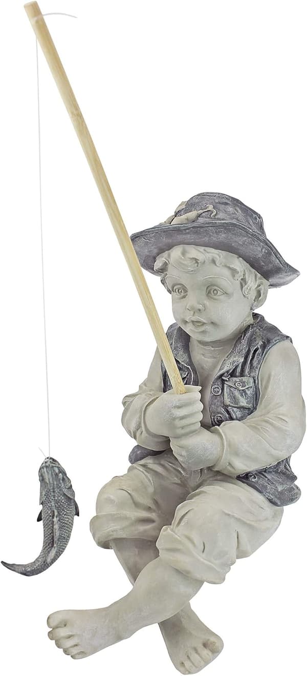 Fiskermann Statue til Hage, 38 cm, polyresin, to-farget stein