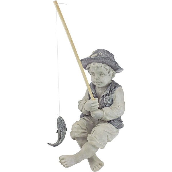 Fiskerstatue til haven, 38 cm, polyresin, to-tonet sten