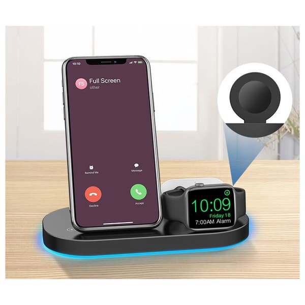 3 i 1 Foldbart Trådløst Opladerkabel, Hurtig Opladningsstation Touch Control LED Indikator Display til Smartphone Ur Knapper - Sort
