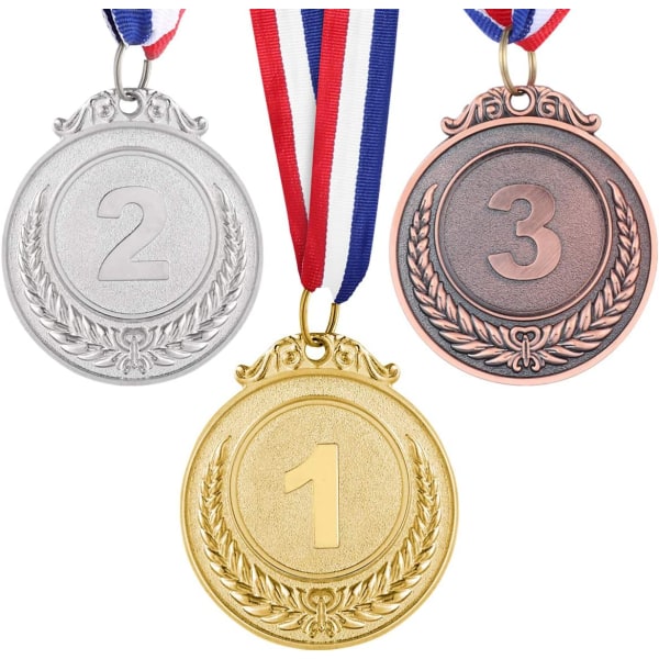 Set med 3 Metal Award-medaljer med halsband Guld Silver Brons O