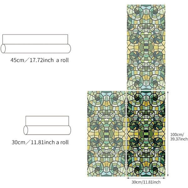 Fönsterfilm i färgat glas, självhäftande statisk fönsterfilm, dekorativ för hemmet, UV-skydd, integritetsskydd, värmeisolering, grön glasmosaik 11,8\" x 39