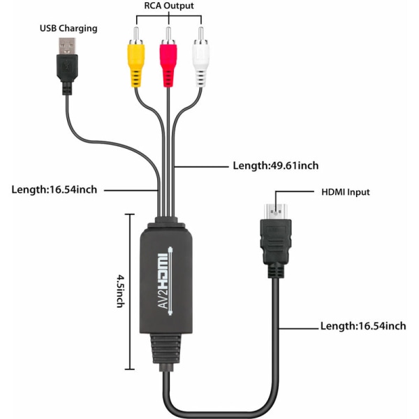 AV til HDMI-adapter, RCA til HDMI-adapterkonverter 3RCA CVBS Kompositt AV til HDMI-konverteradapter støtter bærbar PC, 1080P for VHS, VCR, gammel DVD P