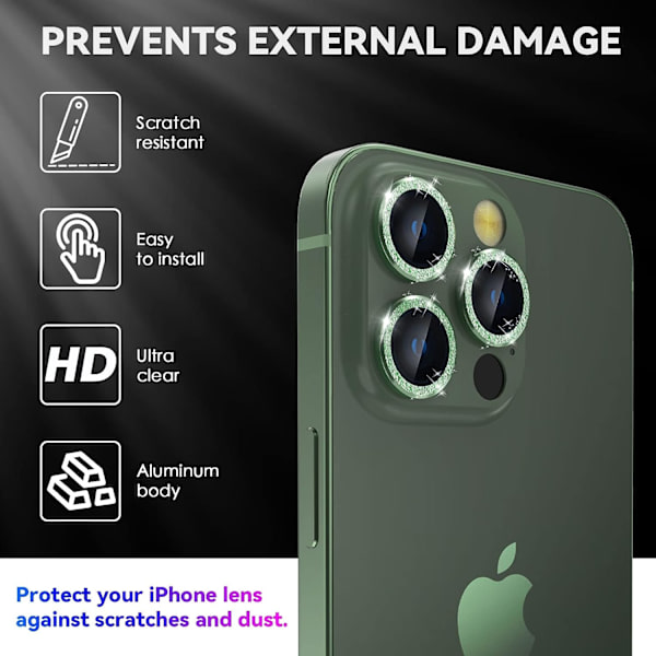 Grön Glitter Bakre Kameraskydd Kompatibel med iPhone 13 Pro och iPhone 13 Pro Max, [Aluminiumlegering], Fulltäckande 9H Hårdhet Kameraskydd