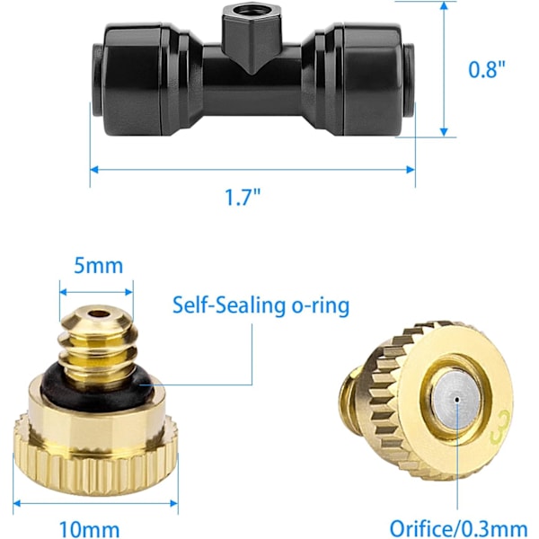 20-pack mässingsdimmunstycken med 20-pack dimmunstyckes-T-kopplingar med 2-pack ändpluggar för utomhuskylsystem Patio dimsystem