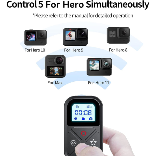 Smart trådlös Bluetooth-fjärrkontroll för gopro Hero 11/10/9/8/Max, vattentät fjärrkontroll för gopro Hero 11/10/19/8/Max, svart med LED-display
