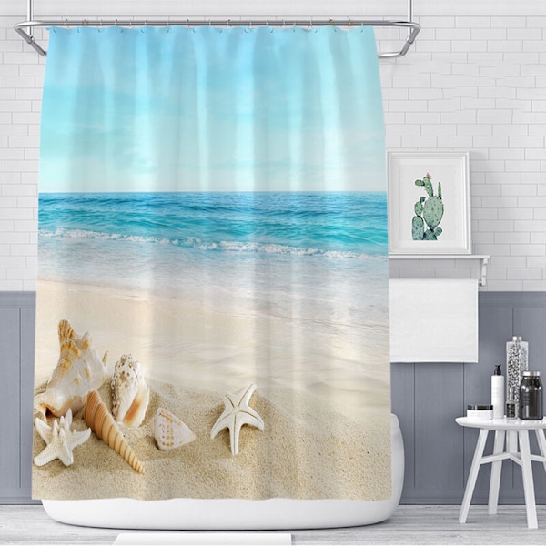 Antimug Anti-Mildew Strandbrusergardin, Vandtæt Stof Bruseforhæng Havbølge Strand Søstjerne Conch Bruseforhæng 150 x 180cm med 12 Plastik Ring Hoo