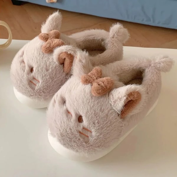 Söta tecknade katttofflor Dam fluffiga päls tofflor inomhus hem skor tjock sula bekväma djur tofflor vinter Kawaii 24.5cm