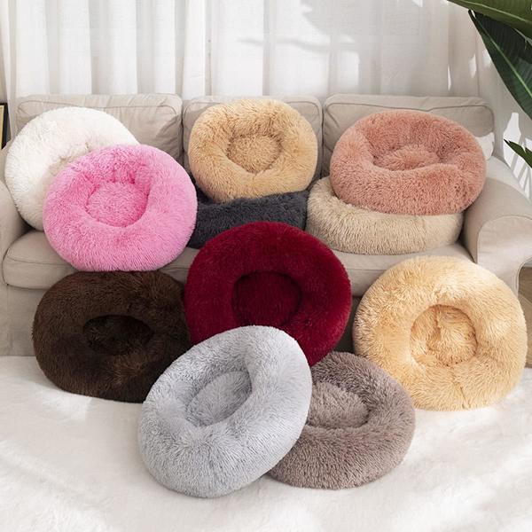 Rund katteseng - Vintervarm ensfarget plysj kjæledyrseng, trykt katteseng dyp sovende kjæledyrmatte tie dye lys grå 40cm