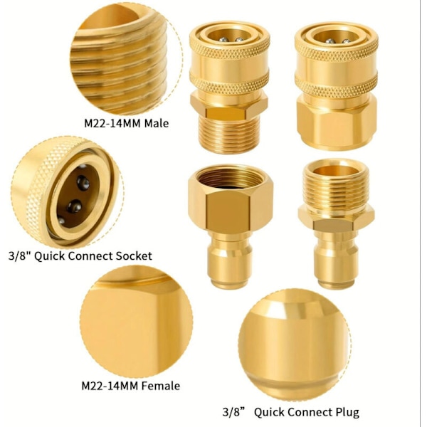 Hurtigkoblingssett for høytrykksspyler, 4 hurtigkoblinger for 14 mm M22 slange ved 3/8 tommer, høytrykks messing spyleradaptere