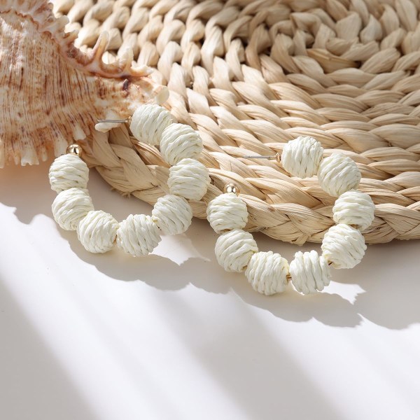 Rattan Øredobber - Sommer Boho - Raffia Ball Hoop Anheng - Hvit