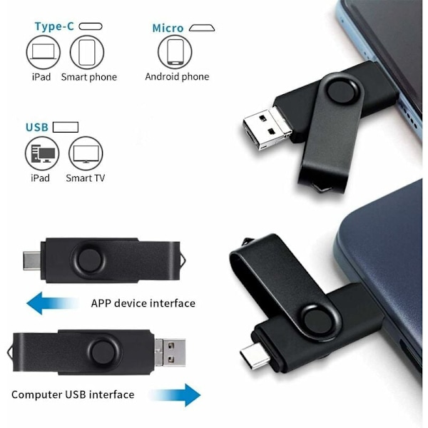 2 kpl USB-muistitikku C 64GB USB 2.0 OTG 3 YHDESSÄ Type C USB Micro USB Clef Stick 64gb Flash Drive U Disk PC:lle Android-älypuhelimelle Tabletille (Sininen Musta)
