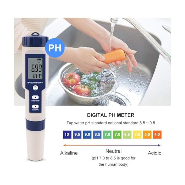 5 i 1 Vandtester Multifunktionel Vandkvalitetstester, TDS/EC/Salinitet/PH/Temperatur Digital Måler til Drikkevand, Pool, Akvarium, Fisketank,