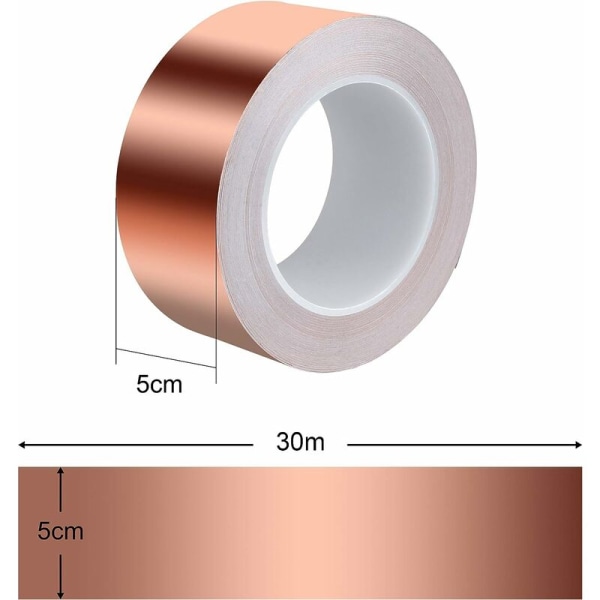 Koppartejp 30m x 50mm, Premium Kopparfolie Tejp Limtejp EMC Avskärmning Limtejp för EMI Avskärmning, Hantverk, Snigelavvisande, Elektrisk Rep