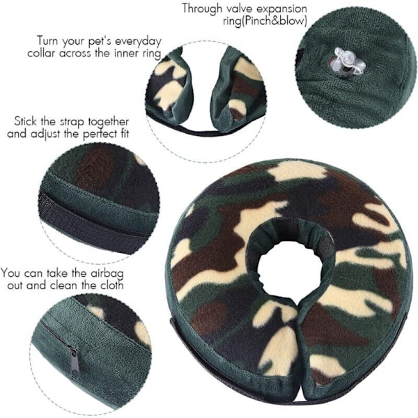 Blødt hundehalsbånd til store, mellemstore og små hunde, efter operation, oppustelig kattehalsbånd med justerbart spænde, camouflage, S
