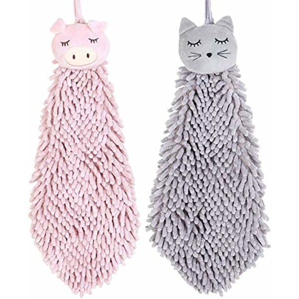 Sødt dyre køkken- og badehåndklæder 2-pak, blød plys mikrofiber til børn og voksne (pink + grå)