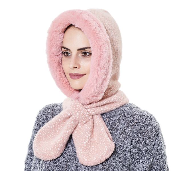 Vintermössa för kvinnor varm huva halsduk mössa fleece mössor halsduk mask vinter balaclava pullover stickad skidmössa(rosa)