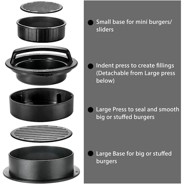 3 i 1 hamburgerpress, fylld hamburgerpress med 12 cm-200 nonstick BBQ hamburgerpapper
