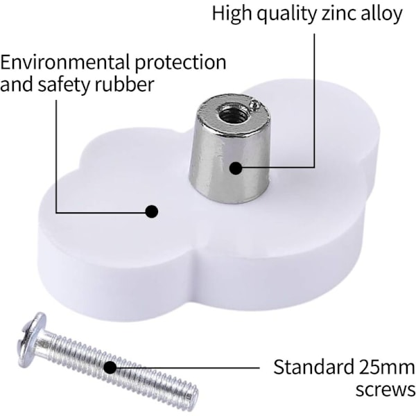 Sett med 6 skyformede skuffeknotter, barne møbelknotter, gummiknotter for gutter, for skaphåndtak, skuffer, barnerom (hvit)