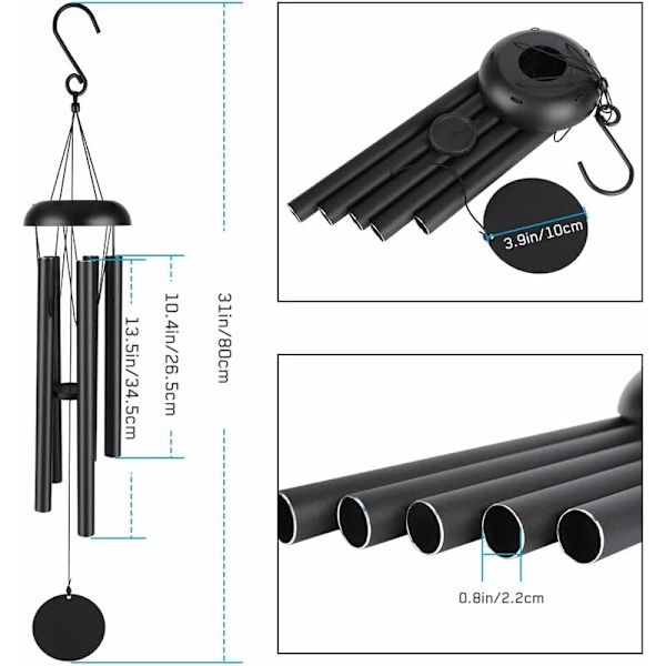 Sort - 1 EXPLOY NÅR CARILLON, 80cm minde-vindspil, stor mørk tone, 5 rør