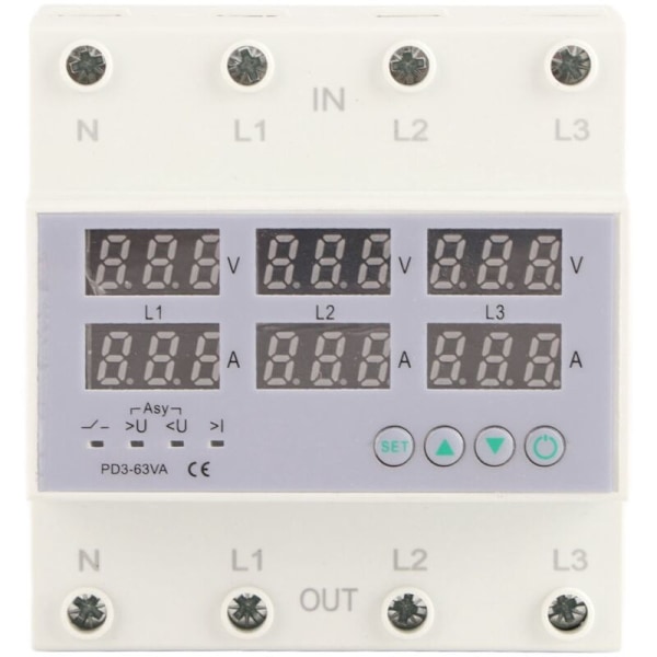 Voltmeter amperemeter med trefas DIN-skena, automatiskt skydd mot överspänningar och överströmmar, AC 390-500 V 63 A